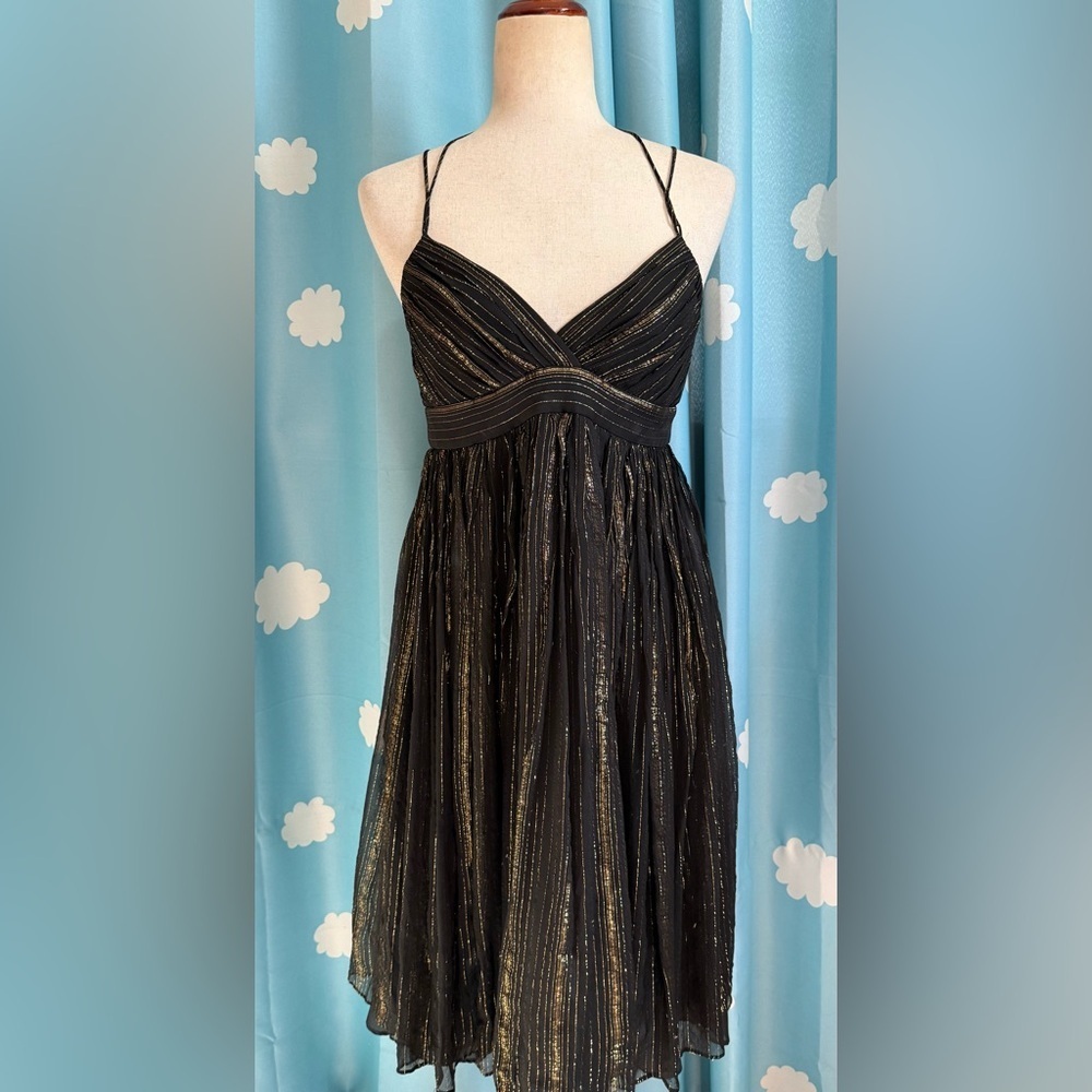 Arden B silk metallic gold and black babydoll dress- tie Spaghetti straps-- 6 - Picture 4 of 6